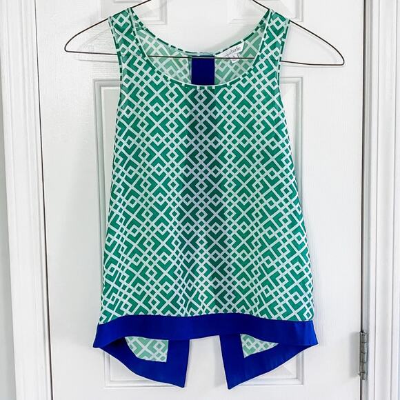 CHARMING CHARLIE • Green + Navy Printed Sheer Tank Top - Picture 1 of 5